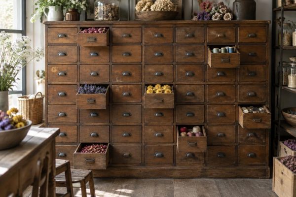 Cajonera antigua de madera con varios cajones abiertos que contienen flores secas, hilos y botones