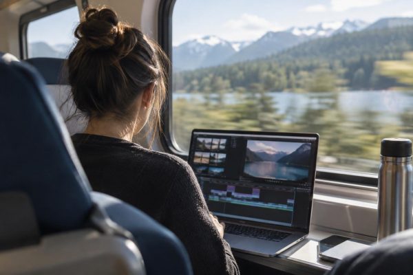 Persona de espaldas editando un vídeo en un portátil junto a la ventana de un tren