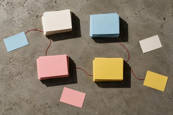 Tarjetas en blanco de cuatro colores agrupadas sobre un suelo de hormigón y unidas con hilo rojo