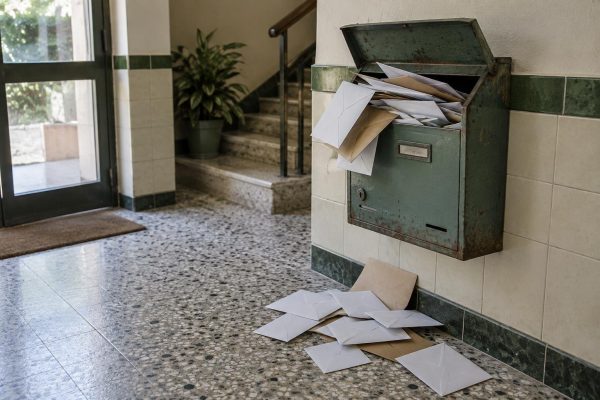 Buzón metálico verde abierto y desbordado de sobres en blanco en el portal de un edificio