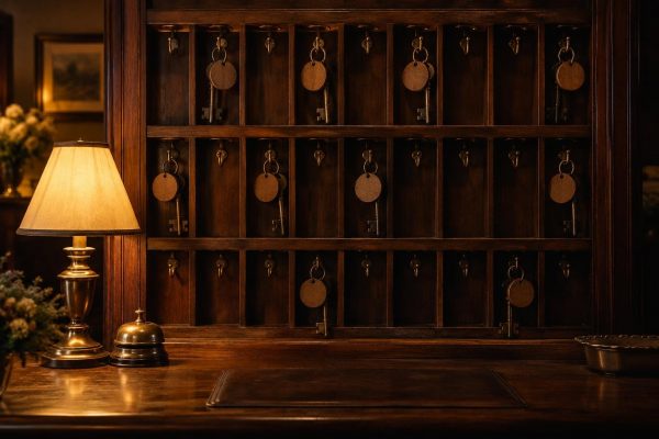 Tablero de llaves de madera en la recepción de un hotel antiguo, con algunos ganchos vacíos y luz de lámpara