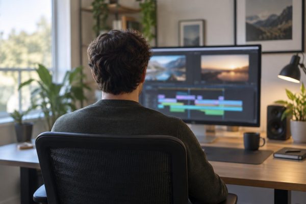 Persona vista de espaldas editando vídeo en un monitor grande en un estudio casero
