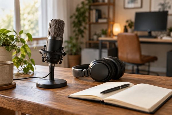 Micrófono de condensador sobre una mesa de madera junto a unos auriculares y una libreta abierta