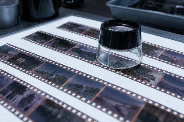 Tiras de negativos fotográficos sobre una mesa de luz con una lupa de revisión