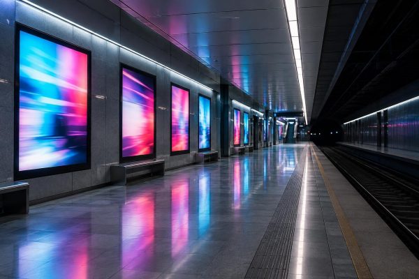 Andén de metro vacío con pantallas publicitarias iluminadas en la pared