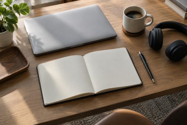 Escritorio con un portátil cerrado, una libreta en blanco, un bolígrafo y una taza de café