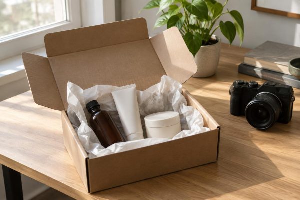 Caja de cartón abierta con envases sin marca sobre un escritorio, junto a una cámara