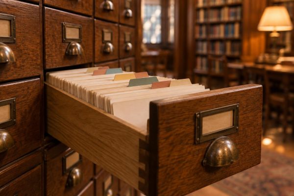 Cajón abierto de un fichero de biblioteca de madera con fichas en blanco y separadores de colores