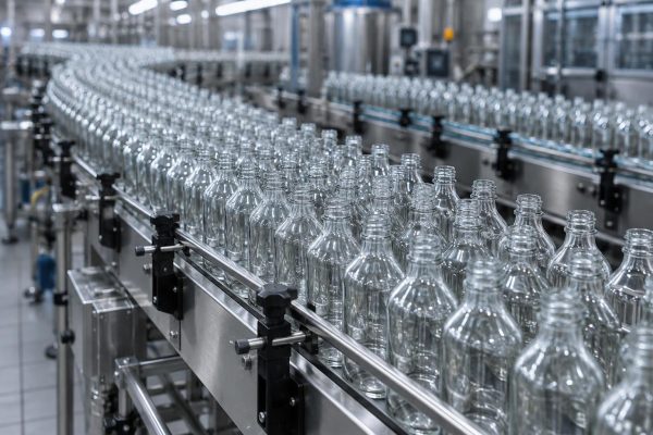 Cientos de botellas de cristal vacías avanzando en una cinta transportadora de una fábrica