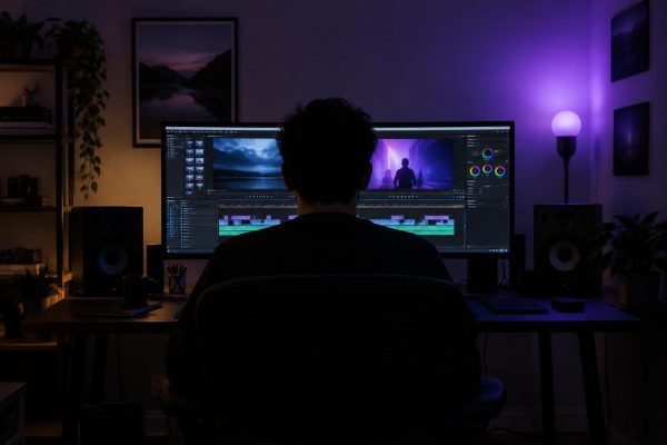 Persona de espaldas editando un vídeo en un monitor grande en una habitación a oscuras con luz violeta