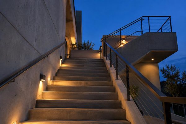 Escalera exterior de hormigón con dos tramos iluminada al anochecer