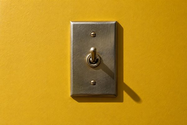 Interruptor metálico de palanca en el centro de una pared lisa de color amarillo mostaza