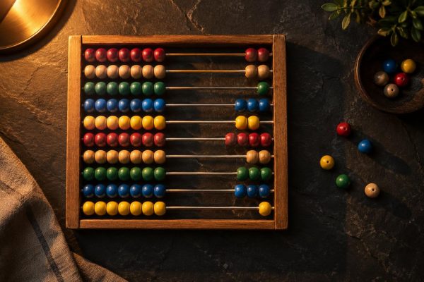 Ábaco de madera con cuentas de colores sobre una mesa de pizarra oscura, visto desde arriba
