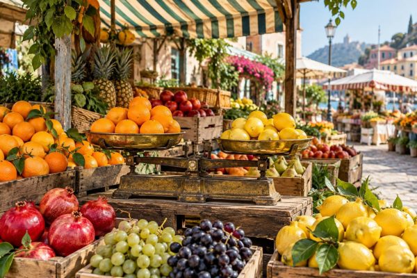 Balanza antigua de dos platos con naranjas y limones en un puesto de fruta de un mercado al aire libre