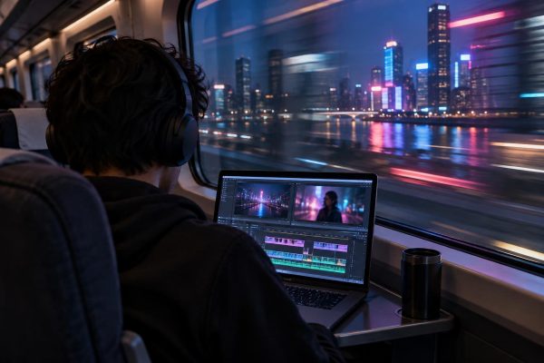 Persona de espaldas con auriculares editando un vídeo en un portátil dentro de un tren de noche